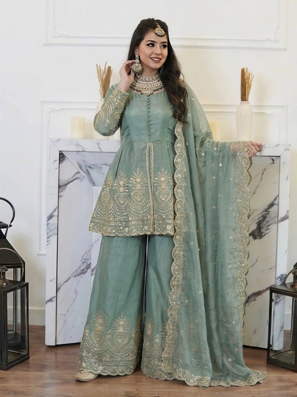 Sage Green Sequins Mirror Work Suit full-length smiling model – Kalyanja KU304